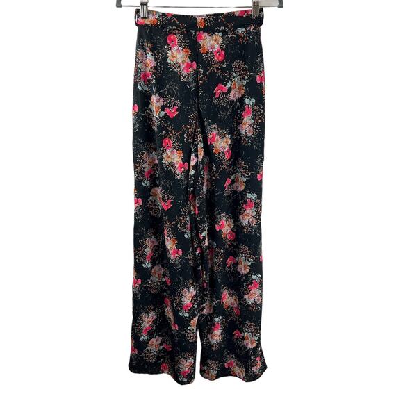 NASTY GAL Black Pink 6 Palazzo Pants Floral Tie Waist High Rise Wide Leg NEW - Picture 1 of 8